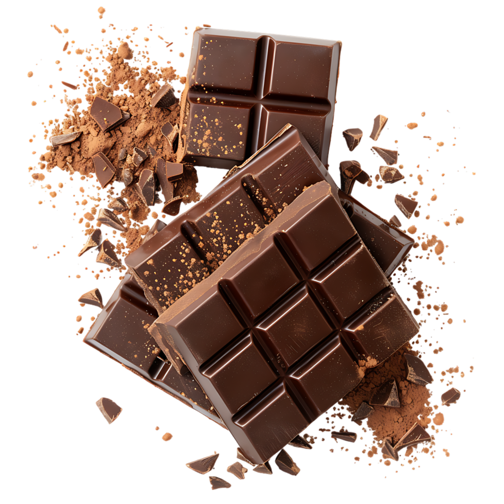 Chocolate bar pieces with cocoa powder isolated on transparent background png