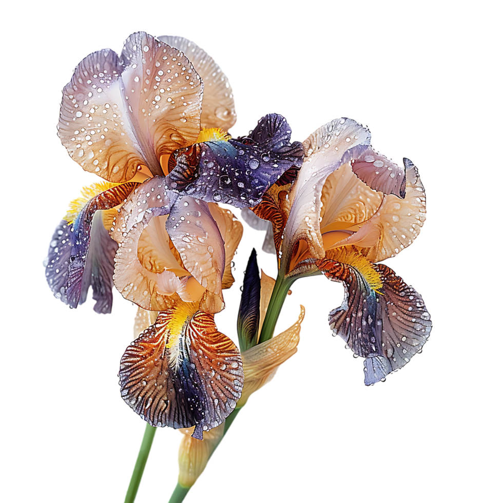 Iris flowers with raindrops isolated on transparent background png