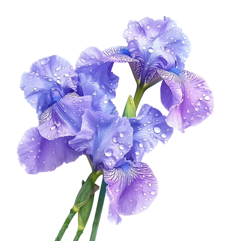 Iris flowers with raindrops isolated on transparent background png