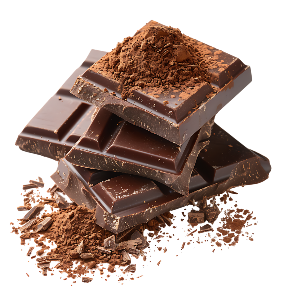 Chocolate bar pieces with cocoa powder isolated on transparent background png