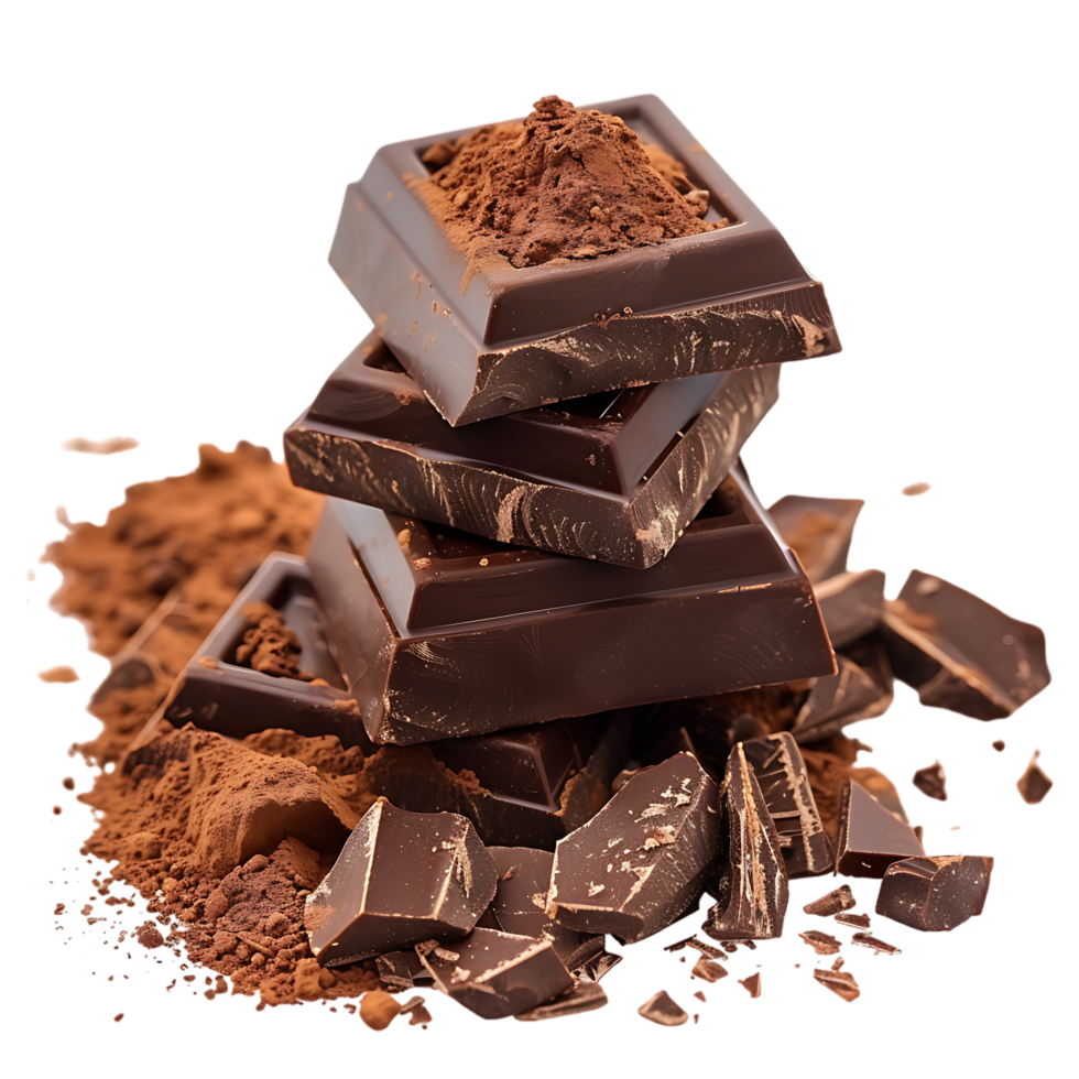 Chocolate bar pieces with cocoa powder isolated on transparent background png