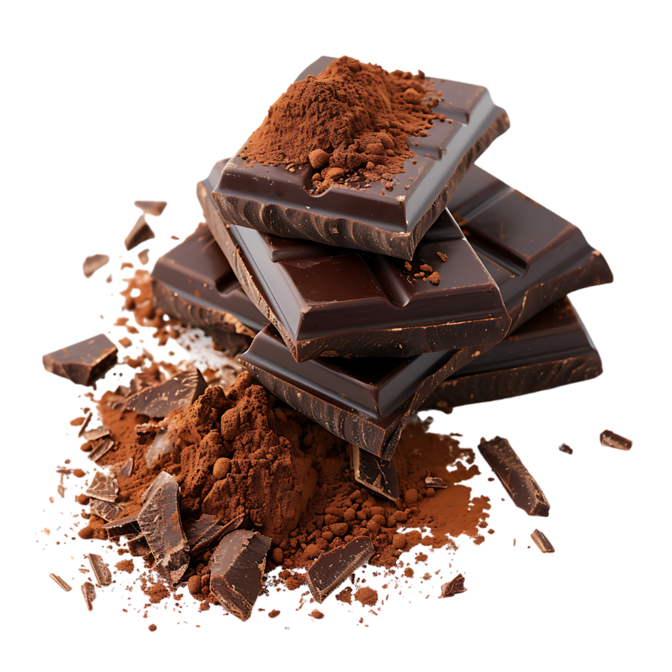 Chocolate bar pieces with cocoa powder isolated on transparent background png