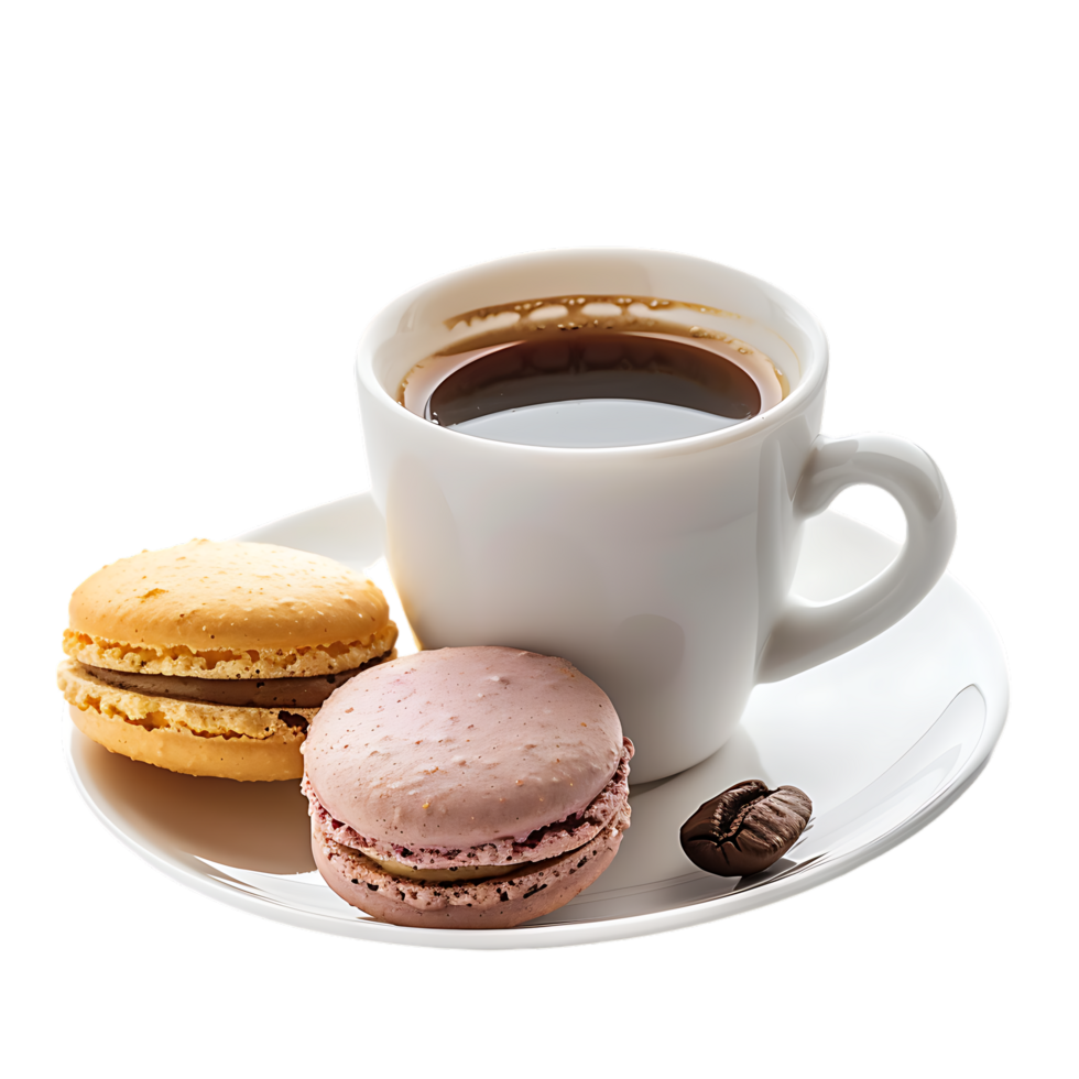 isolated macaron and coffee white cup over transparent background png