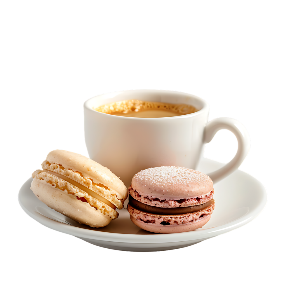 isolated macaron and coffee white cup over transparent background png