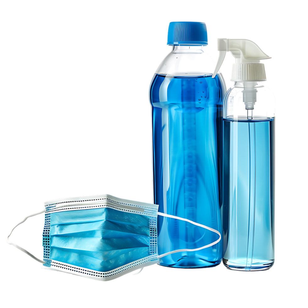 isolated mask and bottle of disinfectant liquid over transparent background png