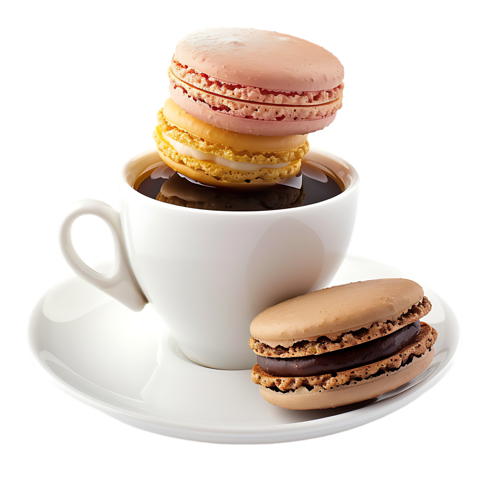 isolated macaron and coffee white cup over transparent background png
