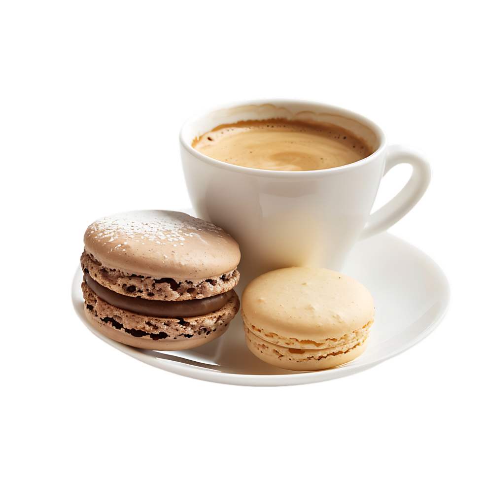 isolated macaron and coffee white cup over transparent background png