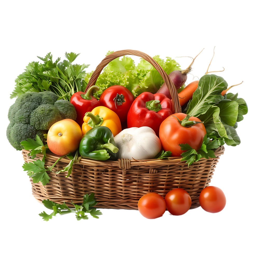 Raw vegetables in basket over transparent background png
