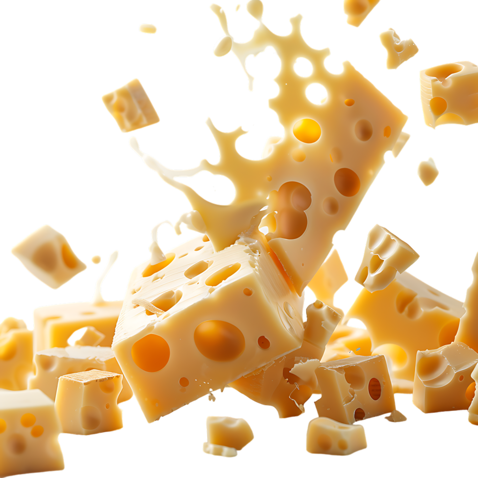 Round pieces of cheese fall close up over transparent background png