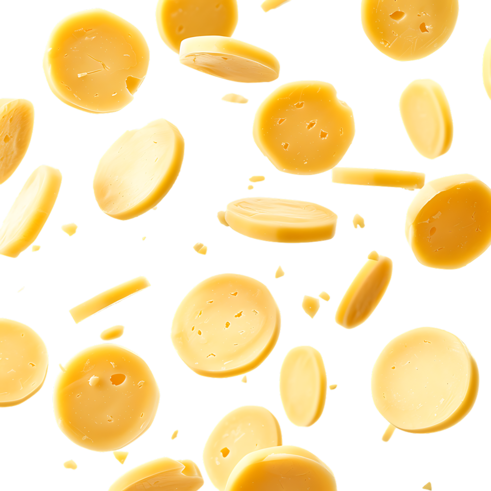 Round pieces of cheese fall close up over transparent background png