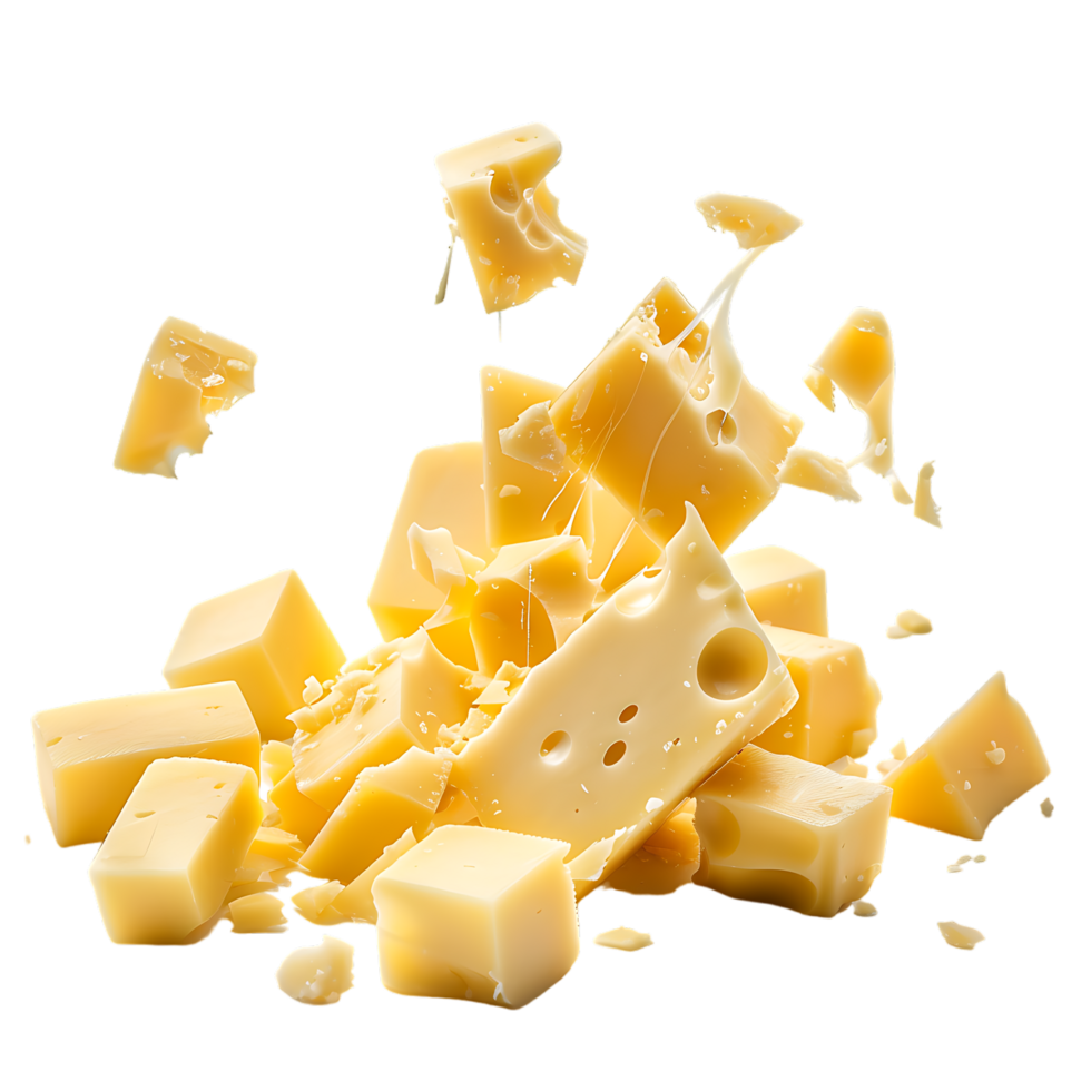 Round pieces of cheese fall close up over transparent background png