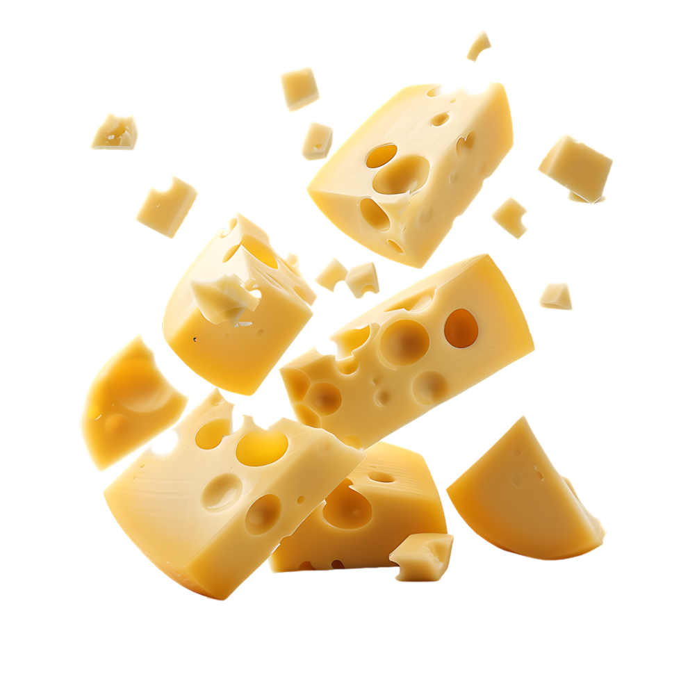 Round pieces of cheese fall close up over transparent background png