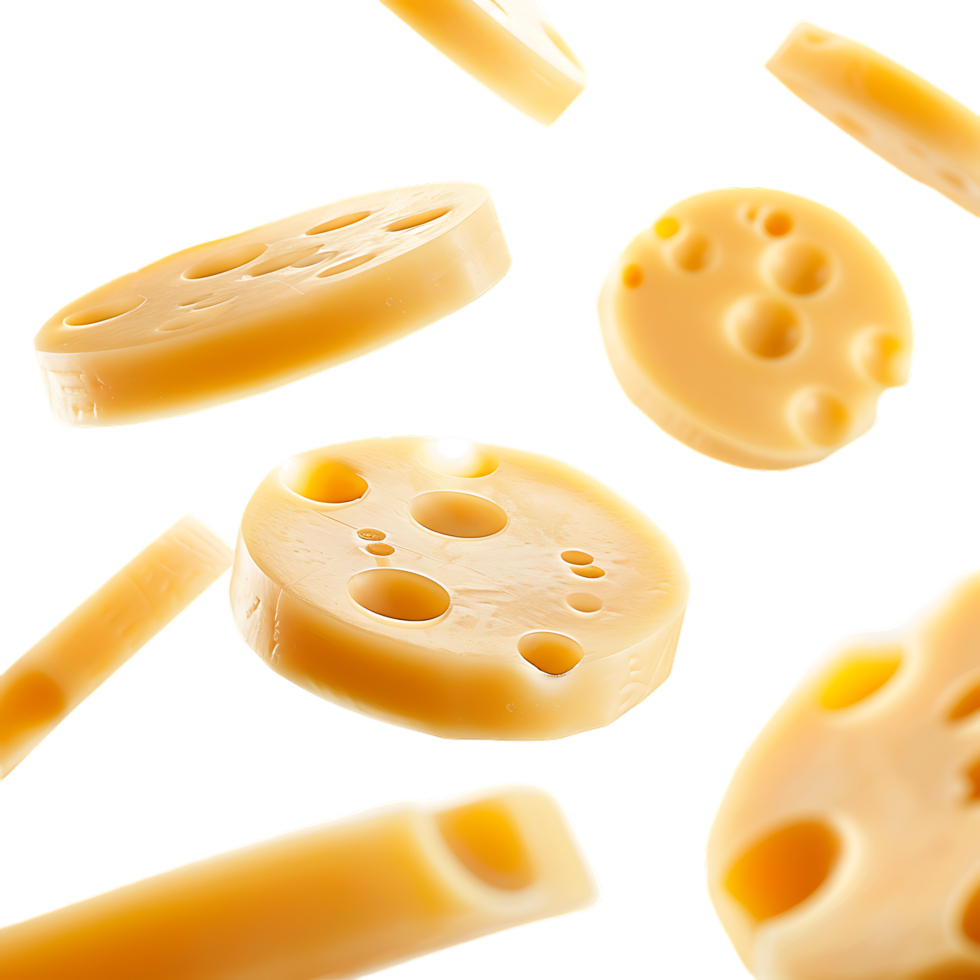 Round pieces of cheese fall close up over transparent background png