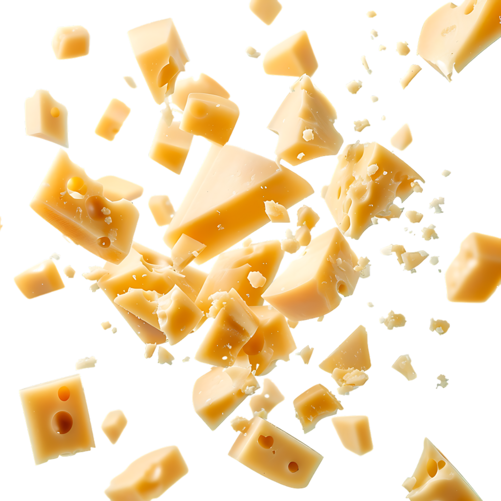 Round pieces of cheese fall close up over transparent background png