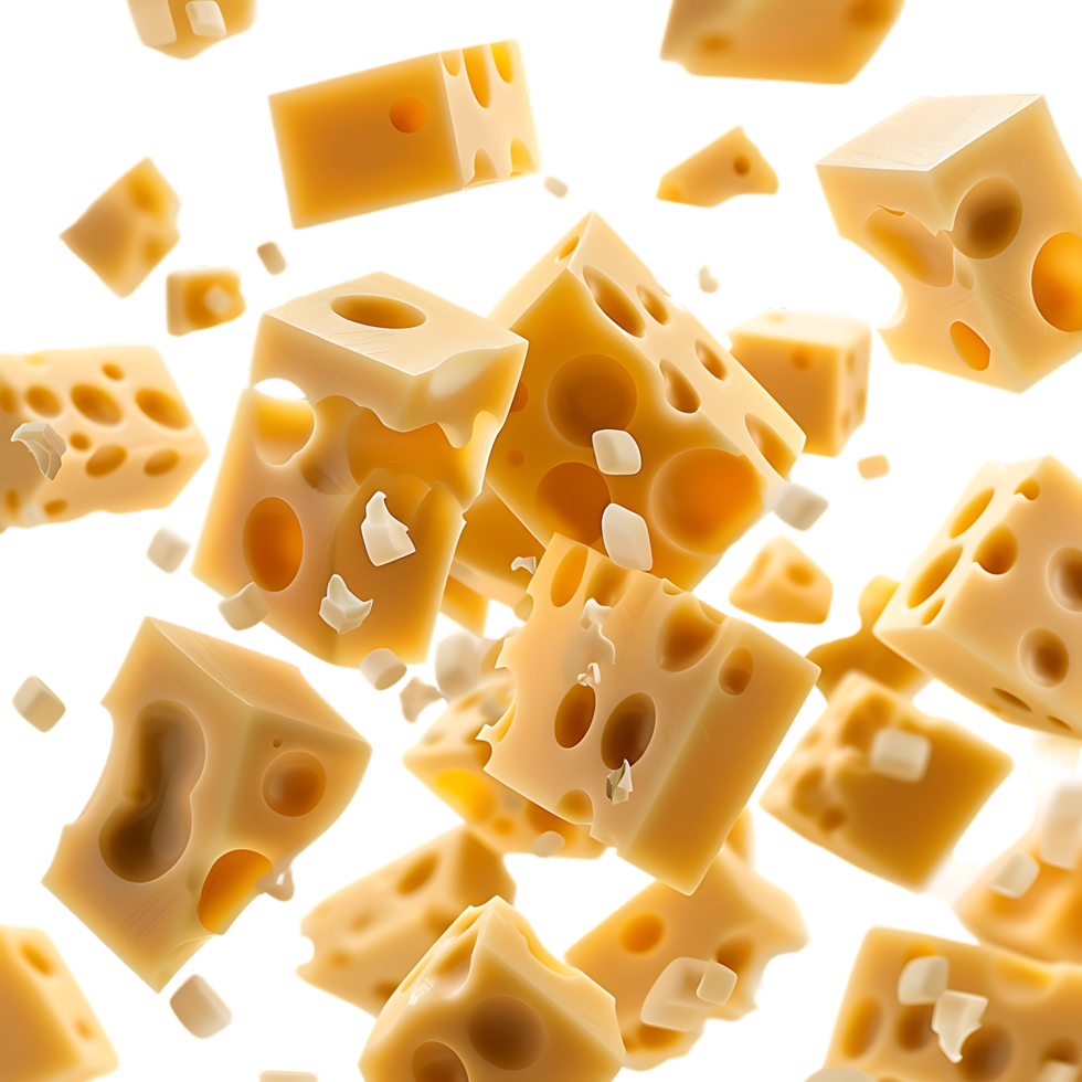 Round pieces of cheese fall close up over transparent background png