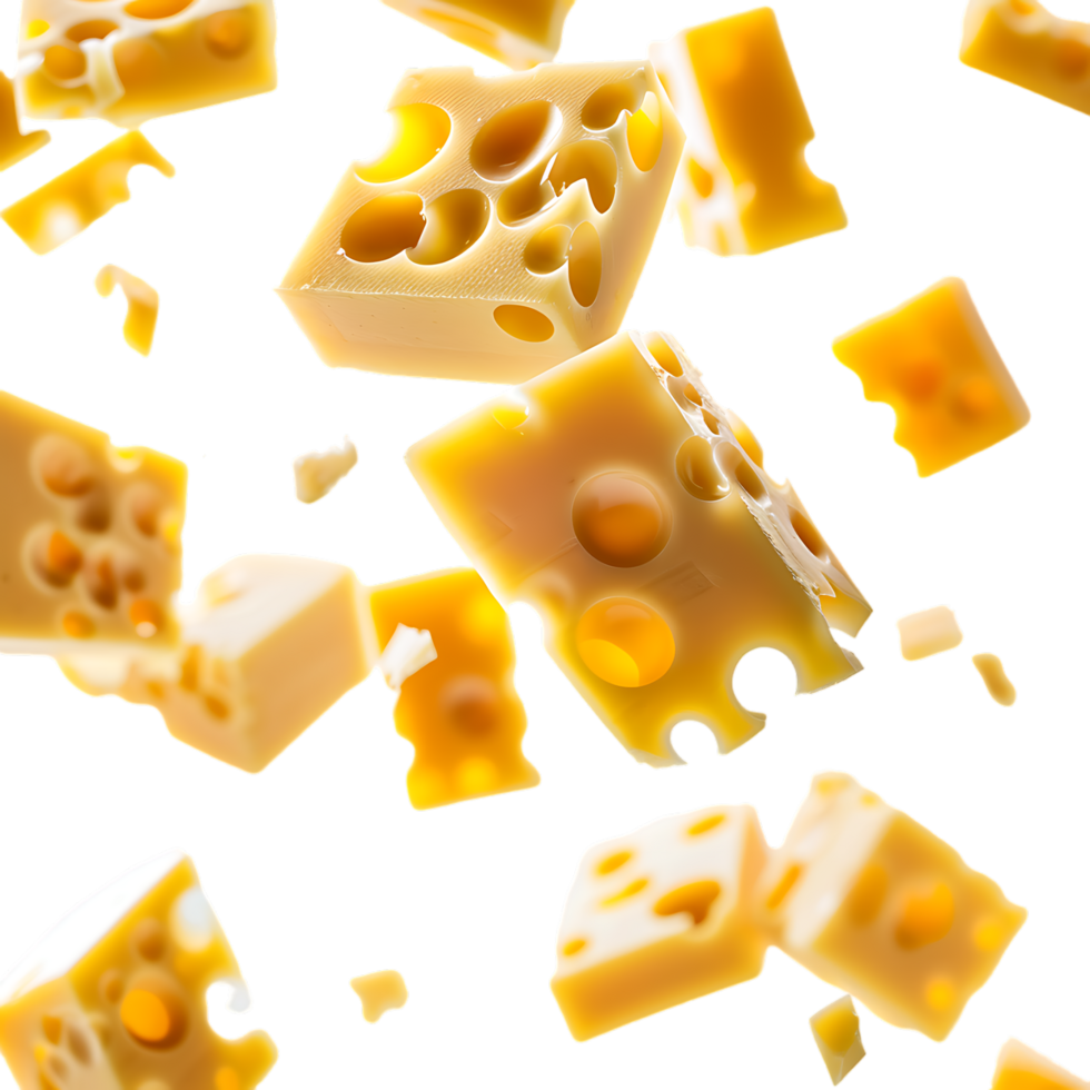 Round pieces of cheese fall close up over transparent background png