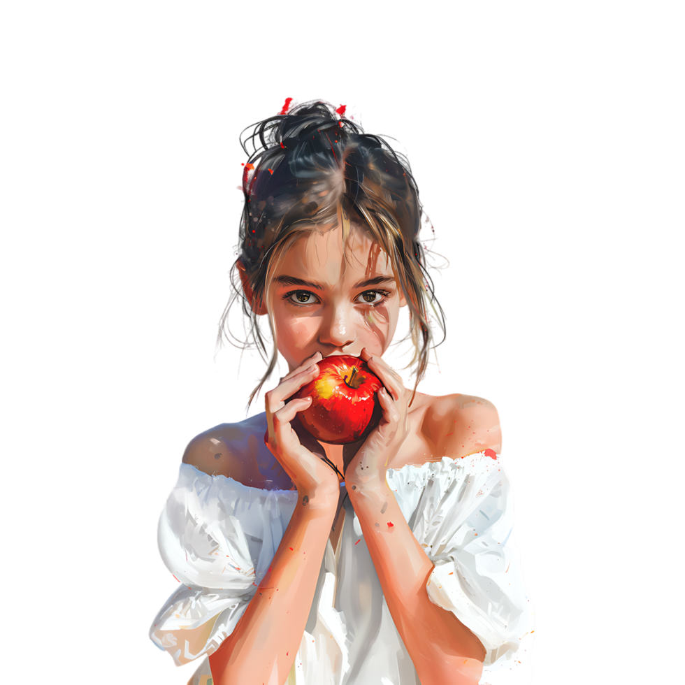 The image of the girl holding an apple over transparent background png
