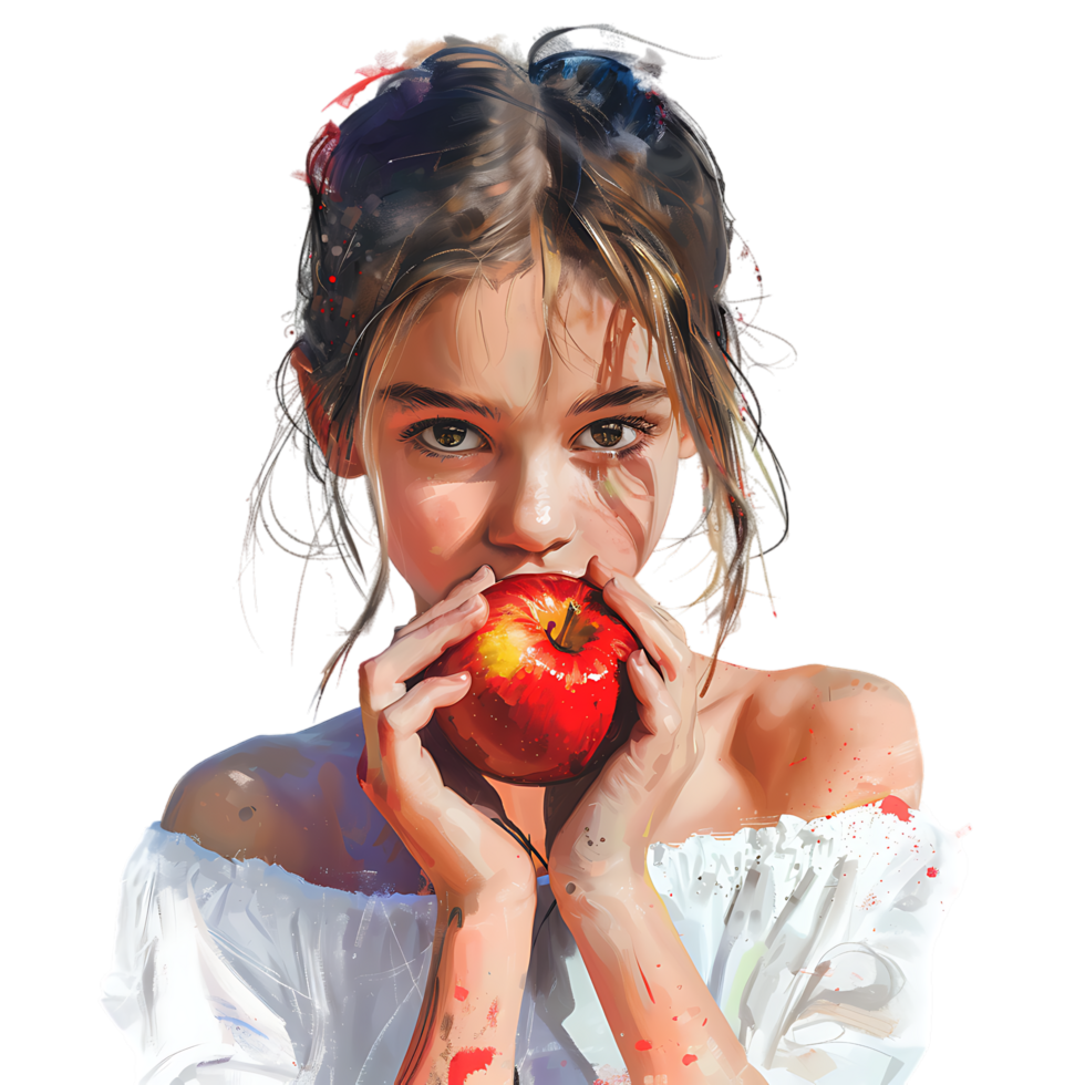 The image of the girl holding an apple over transparent background png