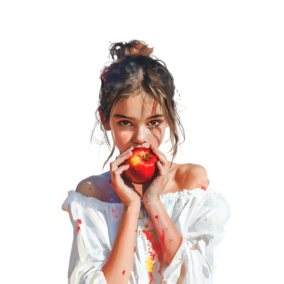 The image of the girl holding an apple over transparent background png