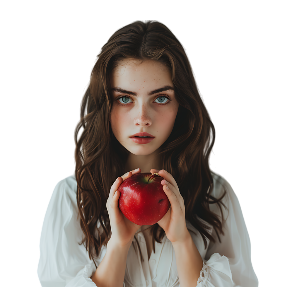 The image of the girl holding an apple over transparent background png
