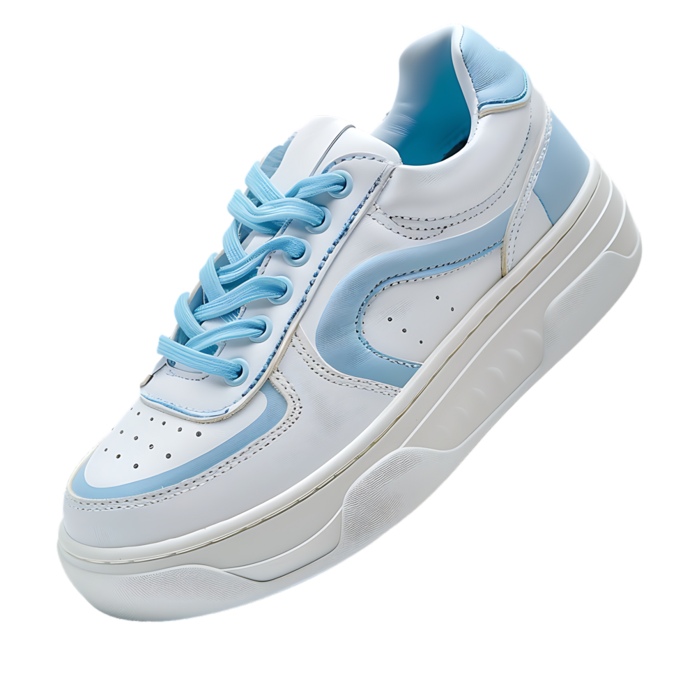 White sneaker with light blue accents over transparent background png