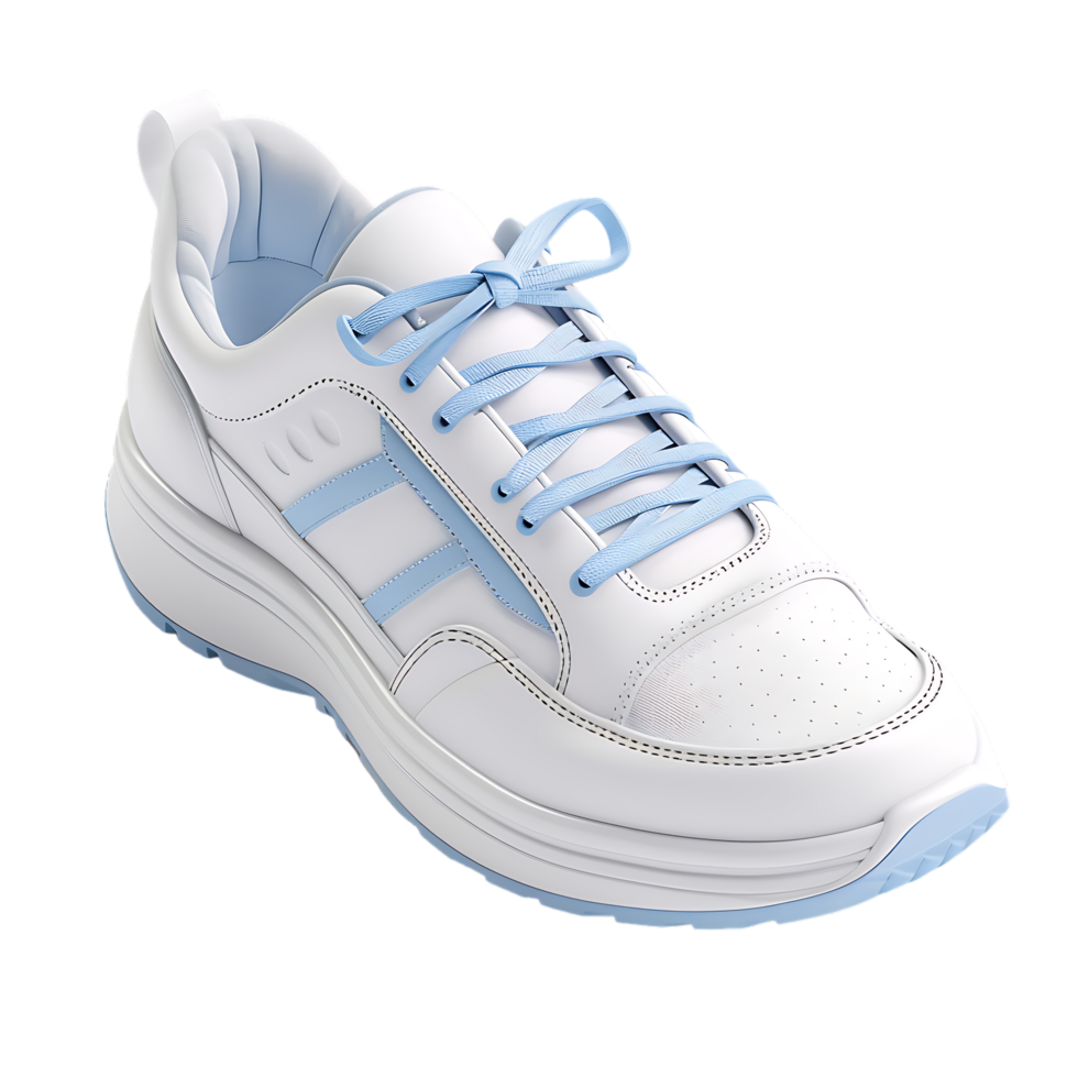 White sneaker with light blue accents over transparent background png