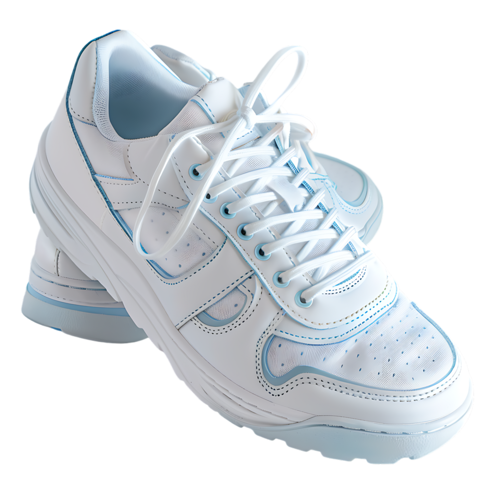 White sneaker with light blue accents over transparent background png
