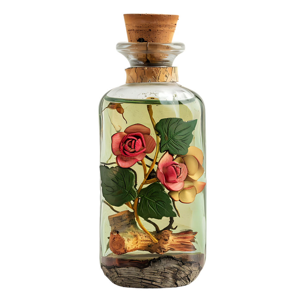Green glass bottle with petals of rose flowers cork plugs laser carved wood and tree bark png