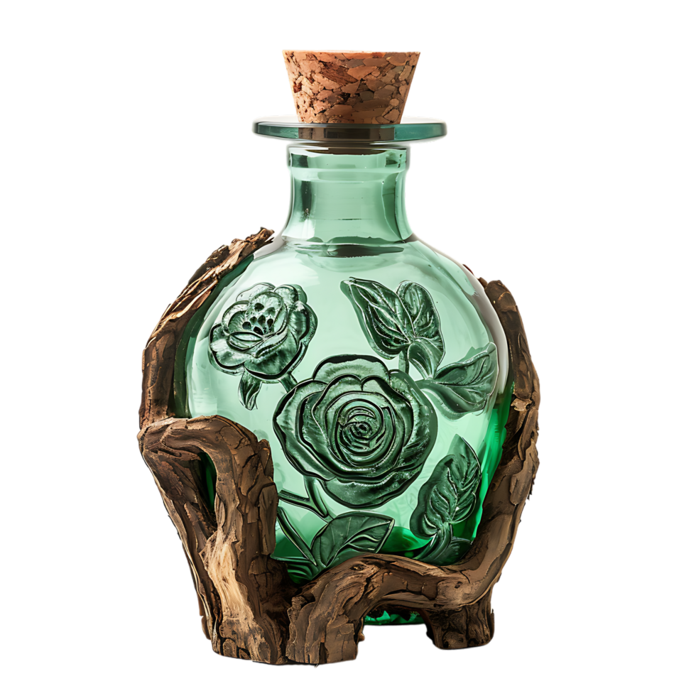 Green glass bottle with petals of rose flowers cork plugs laser carved wood and tree bark png