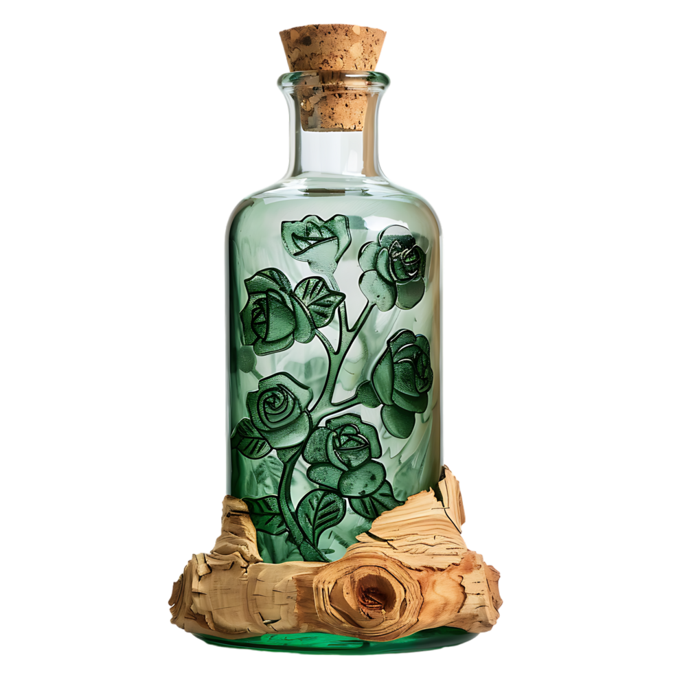 Green glass bottle with petals of rose flowers cork plugs laser carved wood and tree bark png