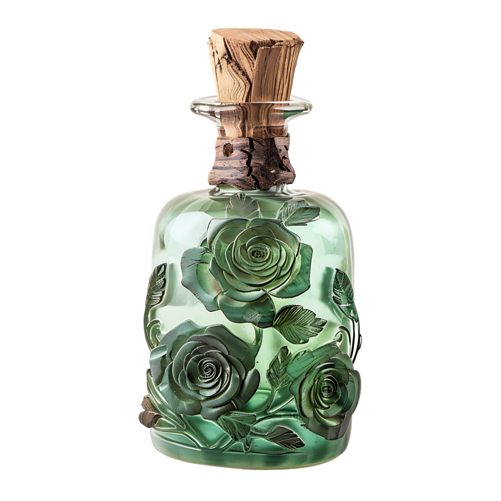 Green glass bottle with petals of rose flowers cork plugs laser carved wood and tree bark png