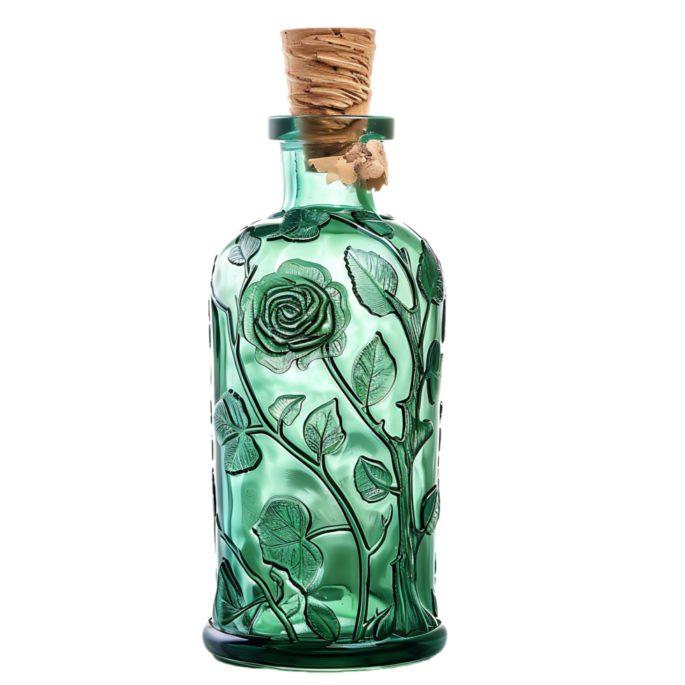 Green glass bottle with petals of rose flowers cork plugs laser carved wood and tree bark png