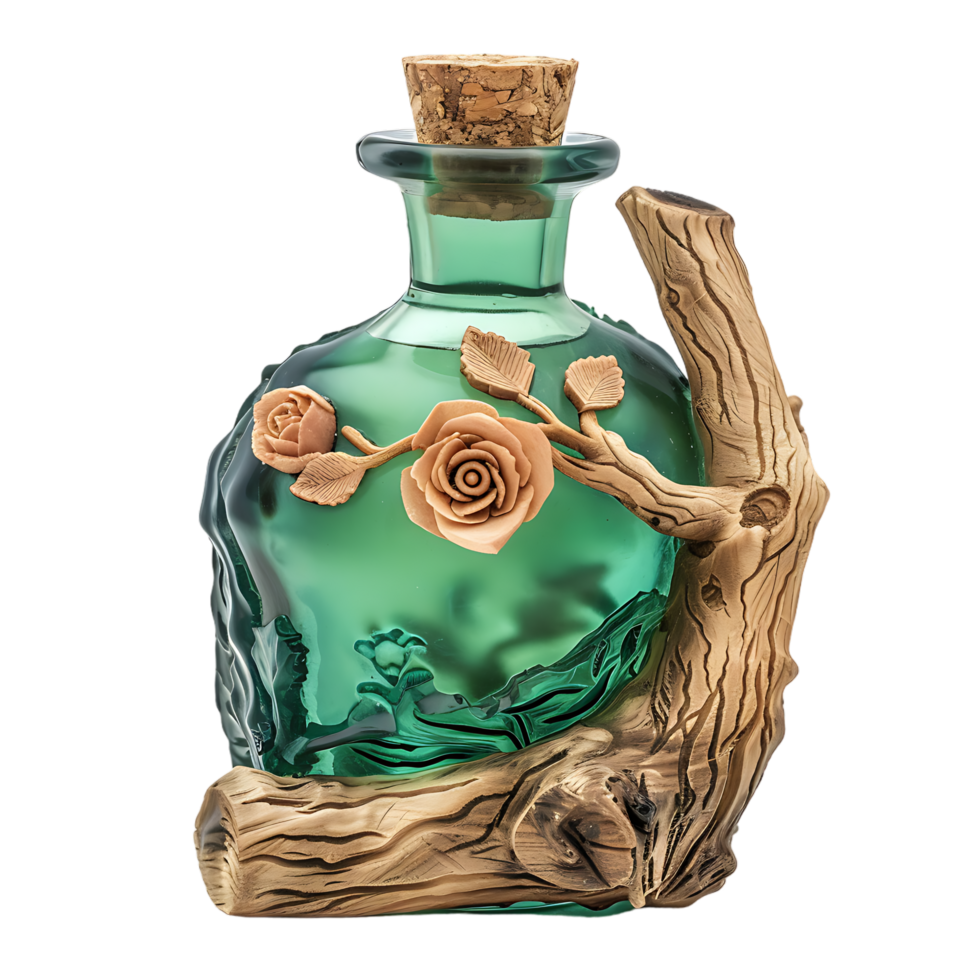 Green glass bottle with petals of rose flowers cork plugs laser carved wood and tree bark png