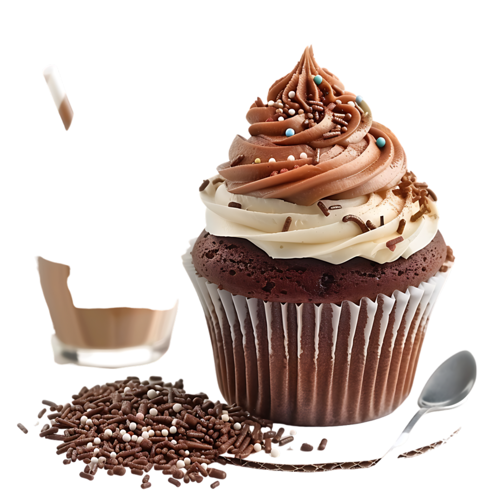 Isolated Cupcake with cocoa white cream sprinkles coffee milk on transparent background png