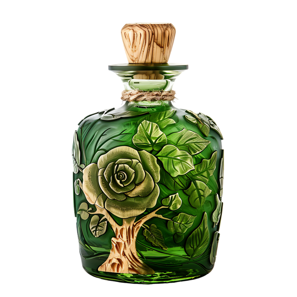 Green glass bottle with petals of rose flowers cork plugs laser carved wood and tree bark png