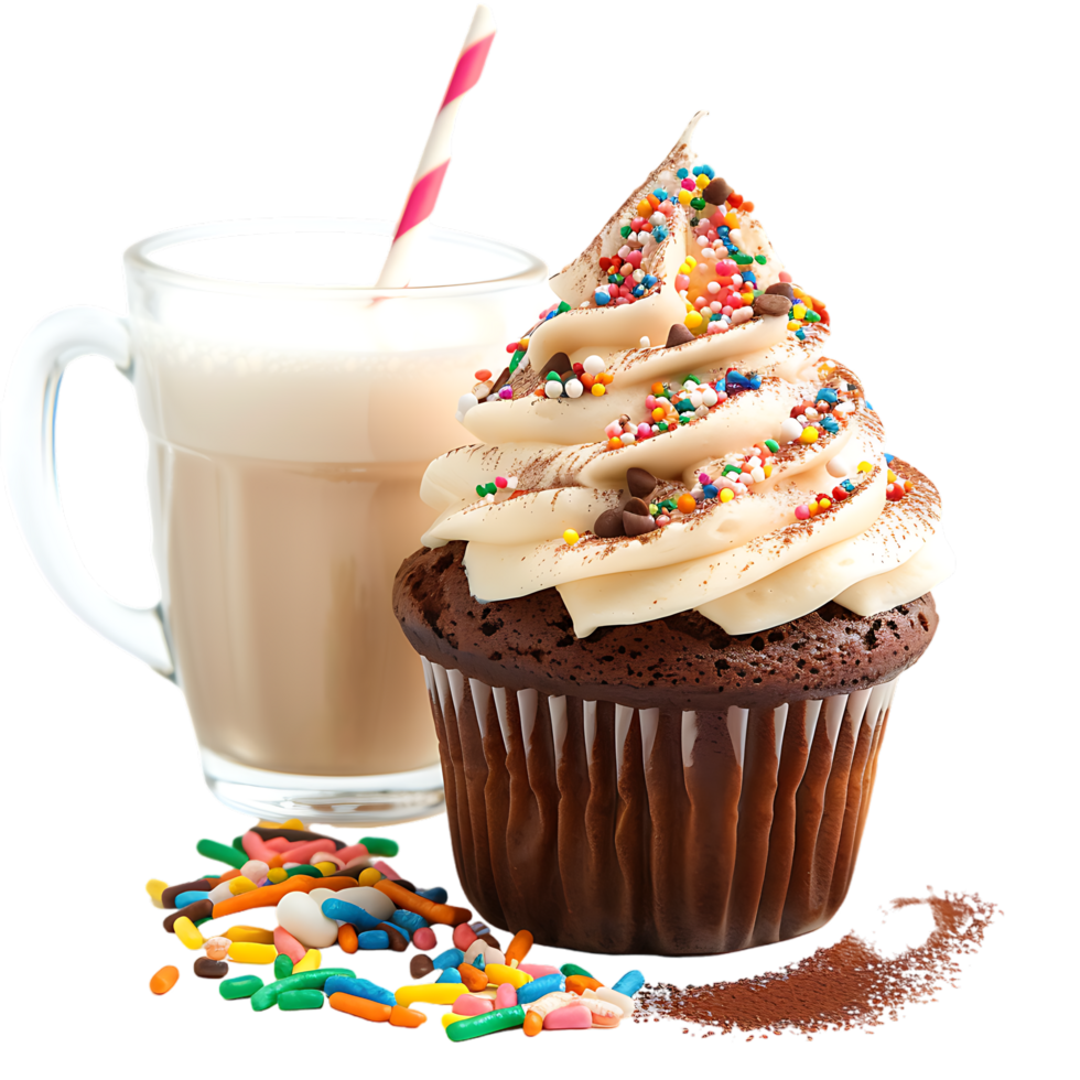 Isolated Cupcake with cocoa white cream sprinkles coffee milk on transparent background png