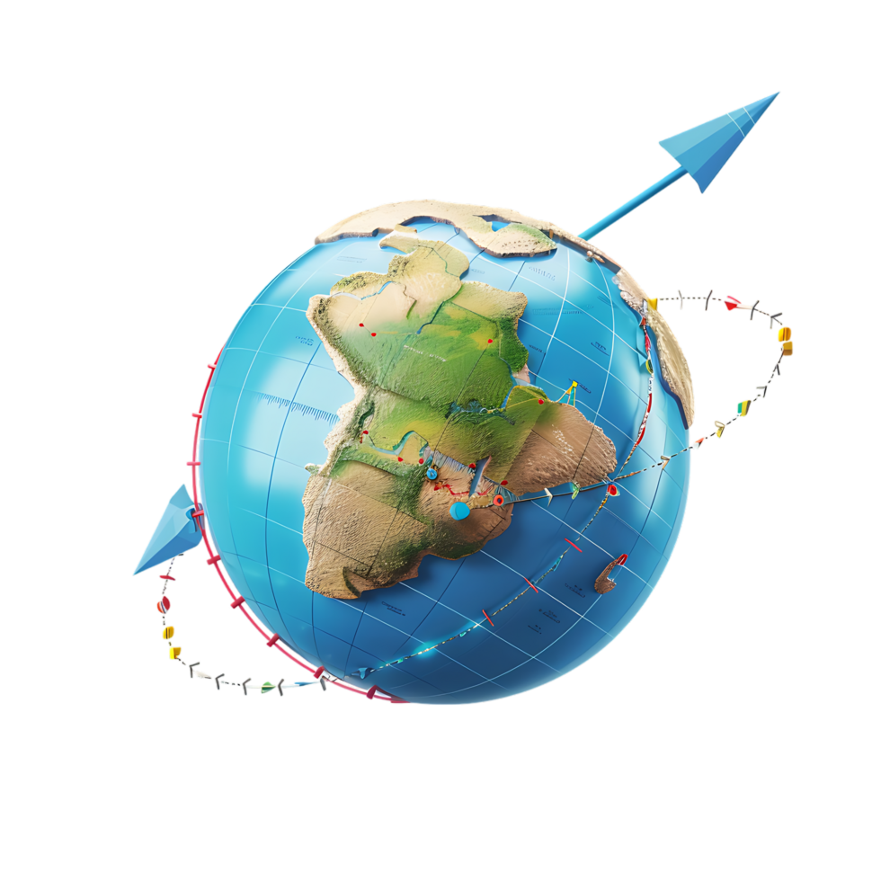3d icon simple earth globe with pinpoints and rotation arrow colored png