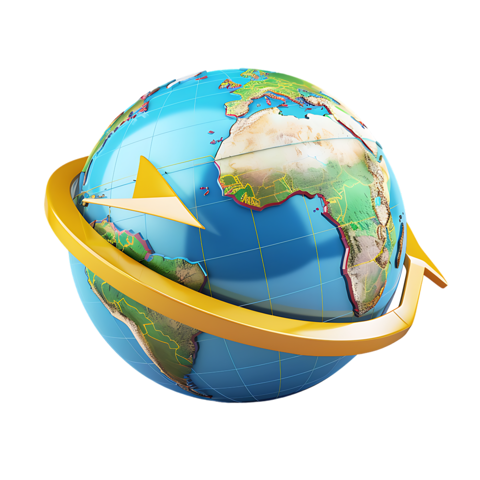 3d icon simple earth globe with pinpoints and rotation arrow colored png