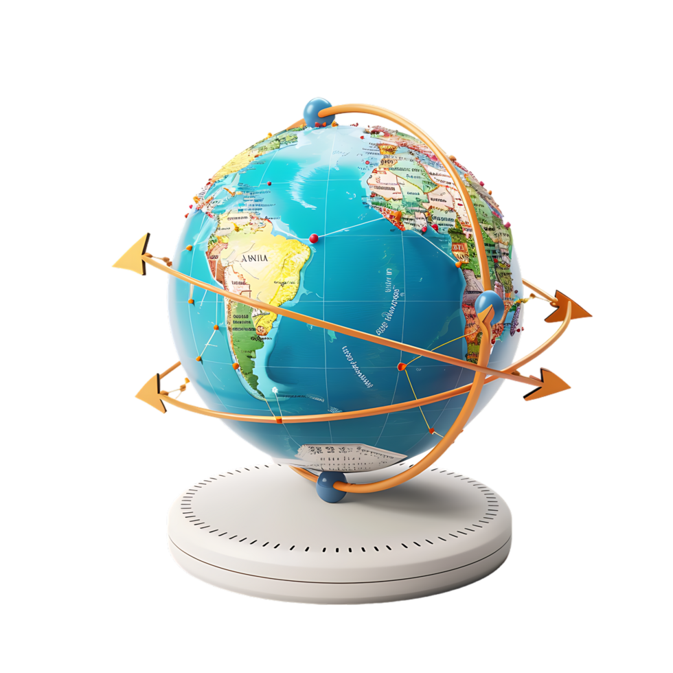 3d icon simple earth globe with pinpoints and rotation arrow colored png