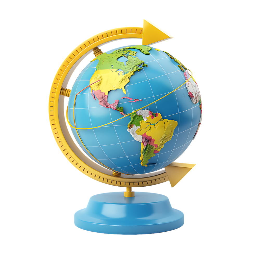 3d icon simple earth globe with pinpoints and rotation arrow colored png