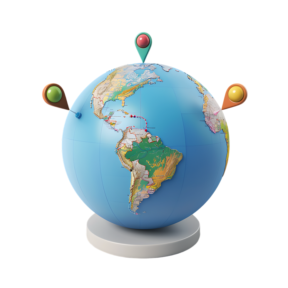 3d icon simple earth globe with pinpoints and rotation arrow colored png
