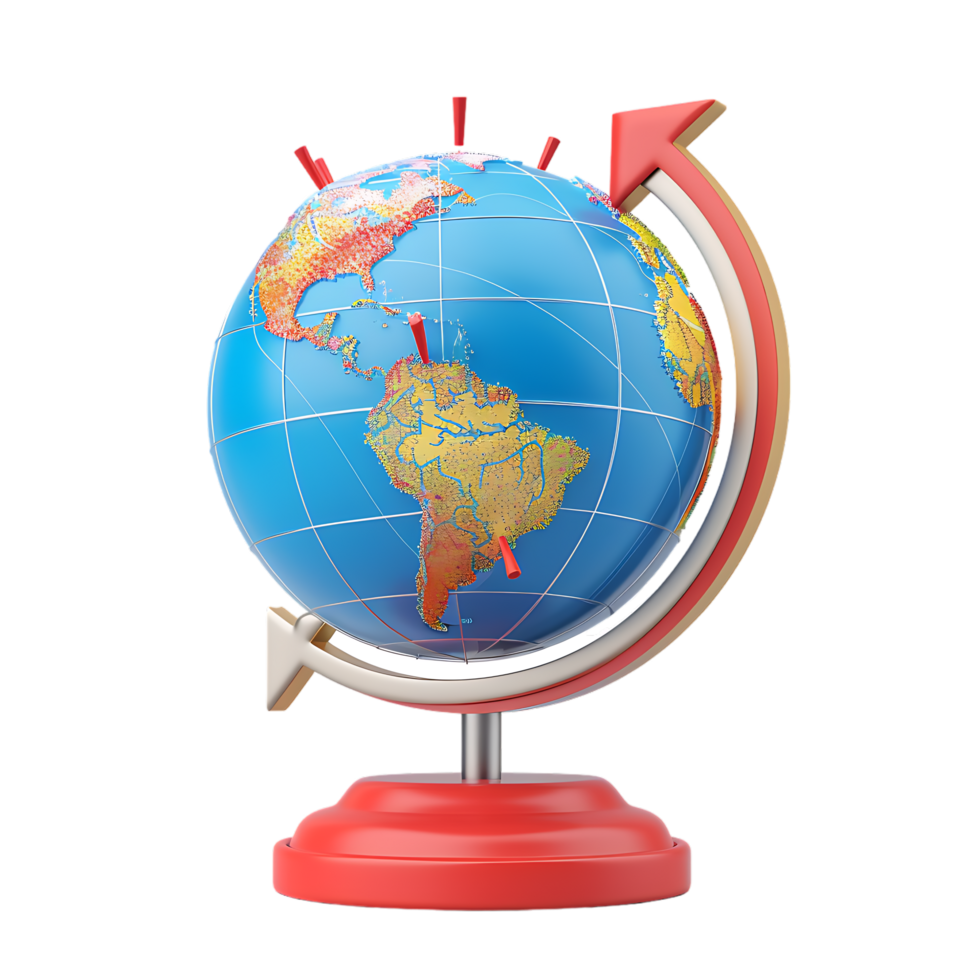 3d icon simple earth globe with pinpoints and rotation arrow colored png