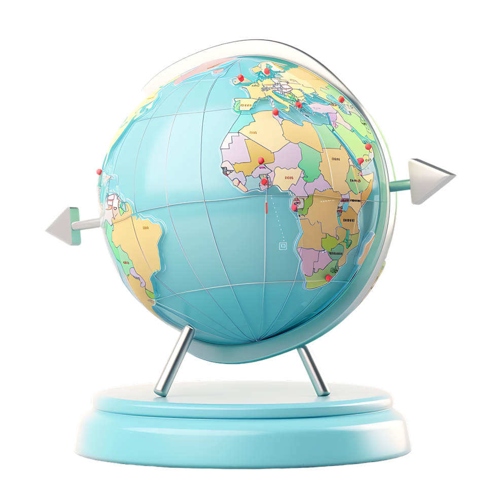 3d icon simple earth globe with pinpoints and rotation arrow colored png