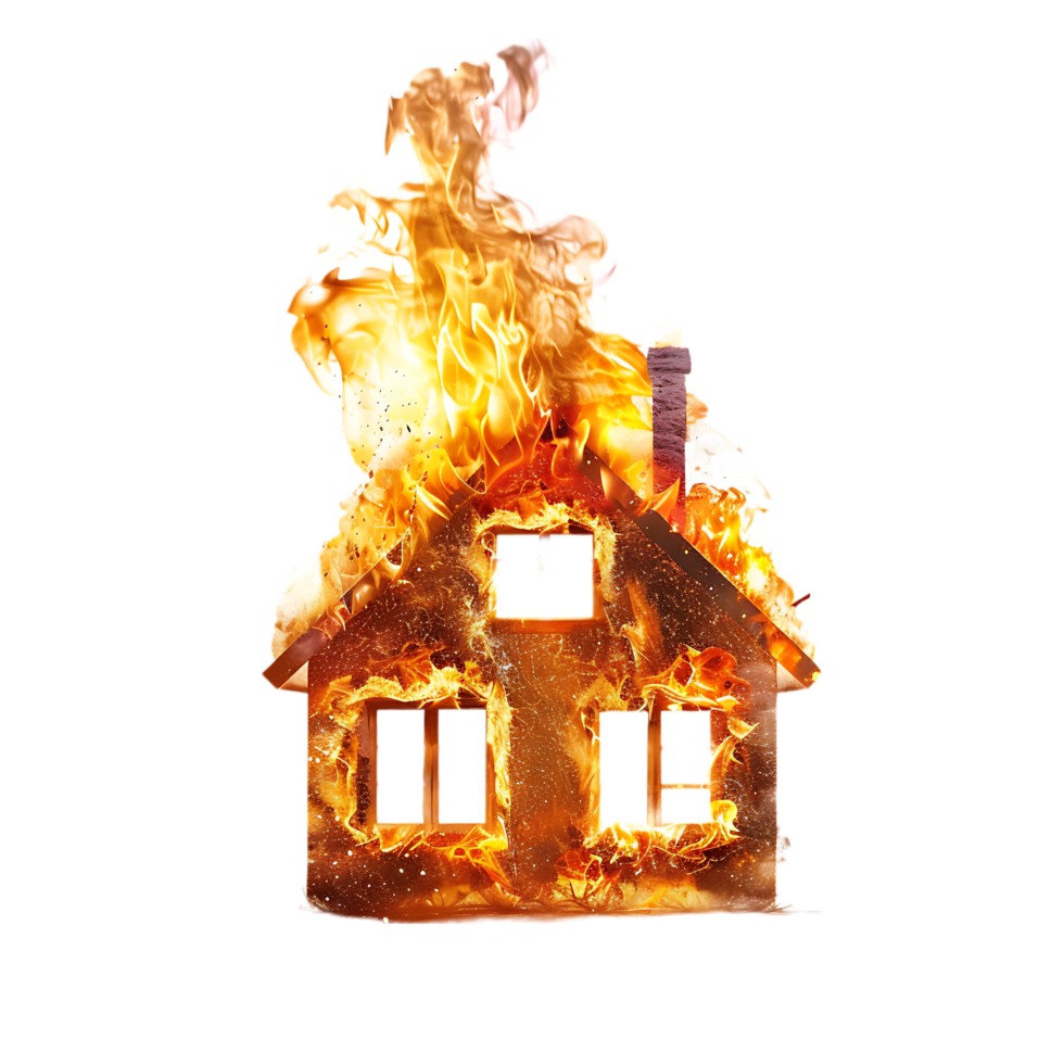 Isolated house on fire with flame against transparent background png