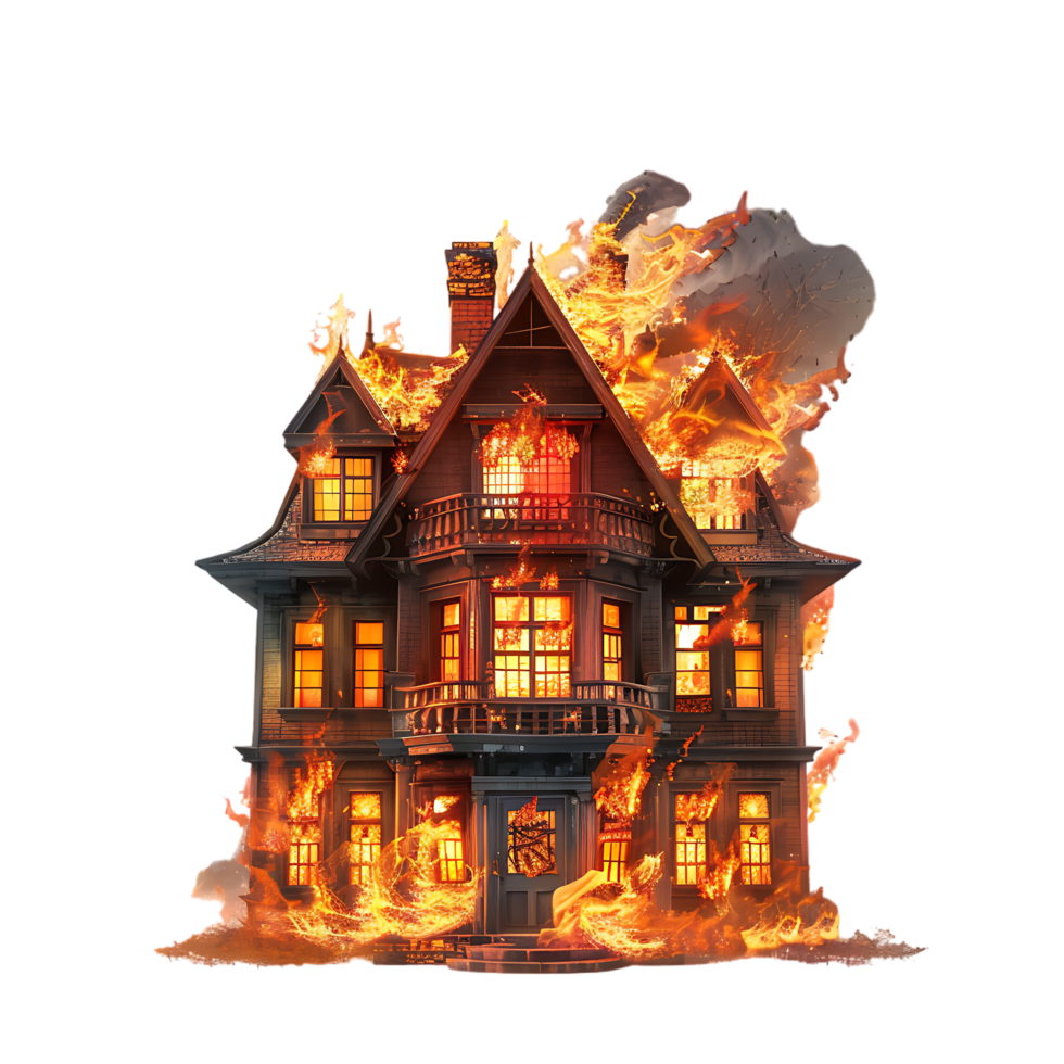 Isolated house on fire with flame against transparent background png