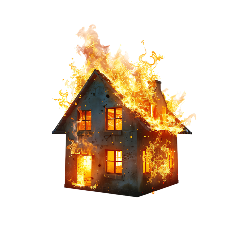 Isolated house on fire with flame against transparent background png
