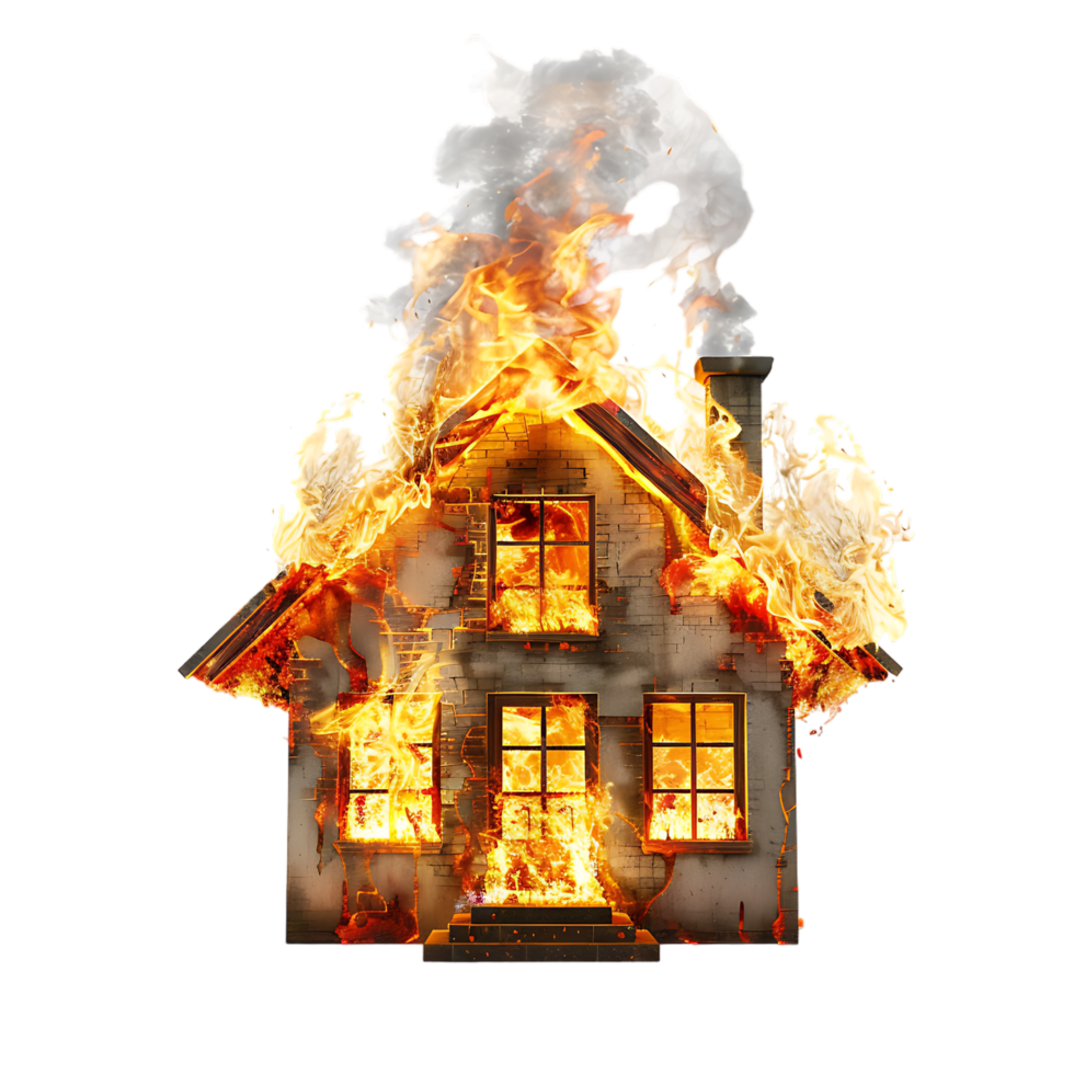 Isolated house on fire with flame against transparent background png