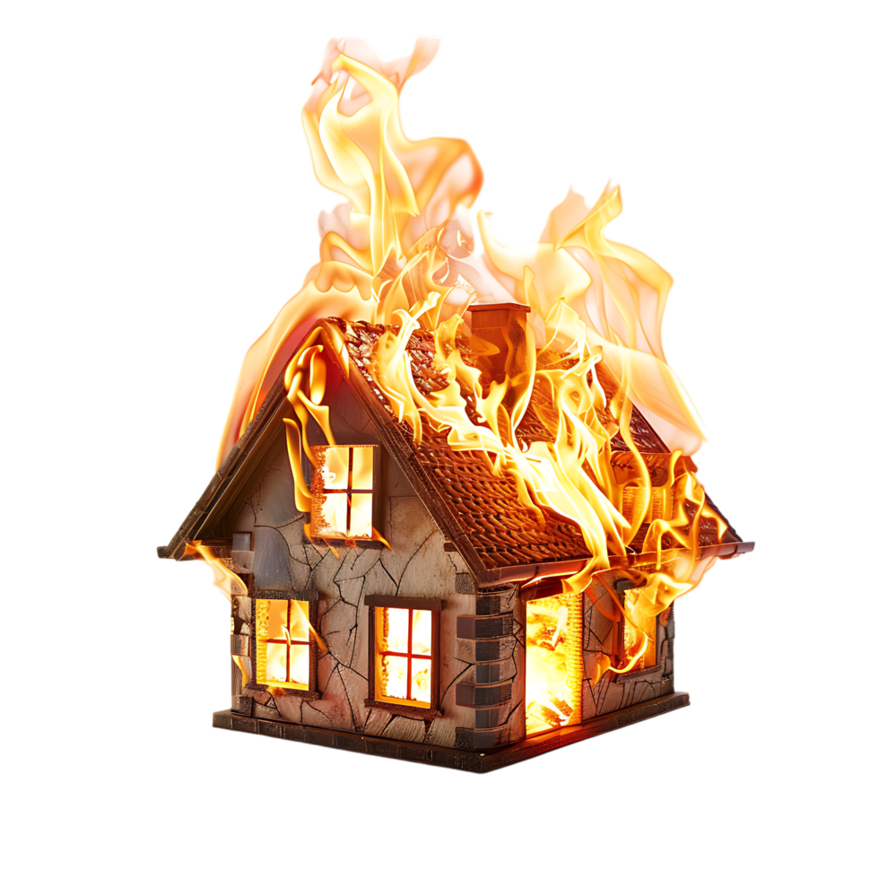 Isolated house on fire with flame against transparent background png