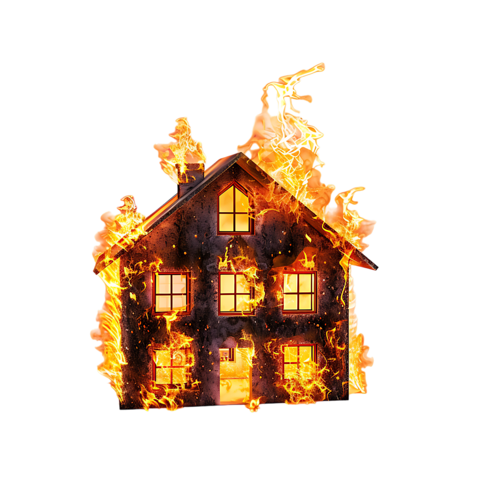Isolated house on fire with flame against transparent background png