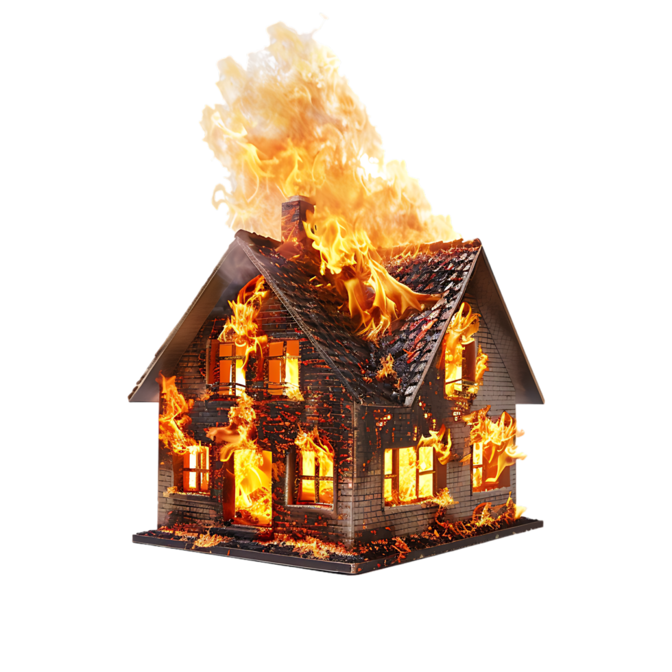 Isolated house on fire with flame against transparent background png